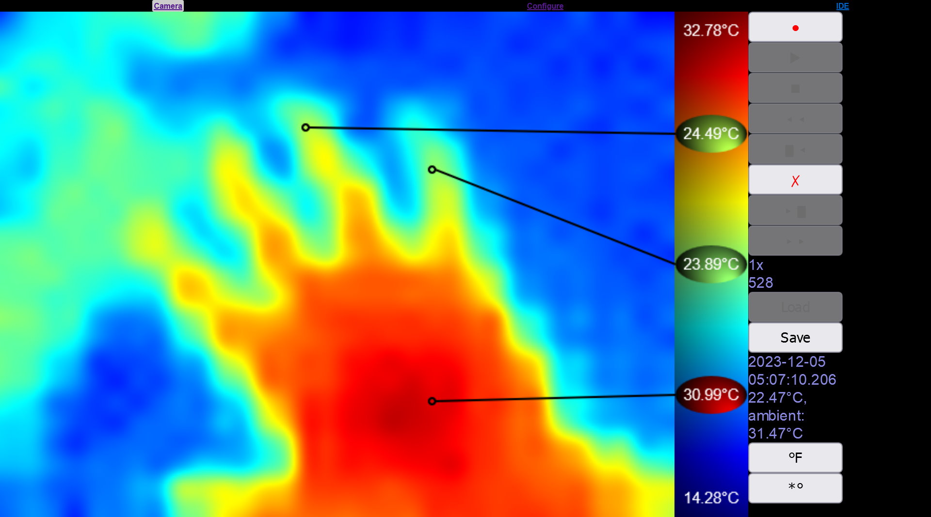 A thermal image of someone's hand